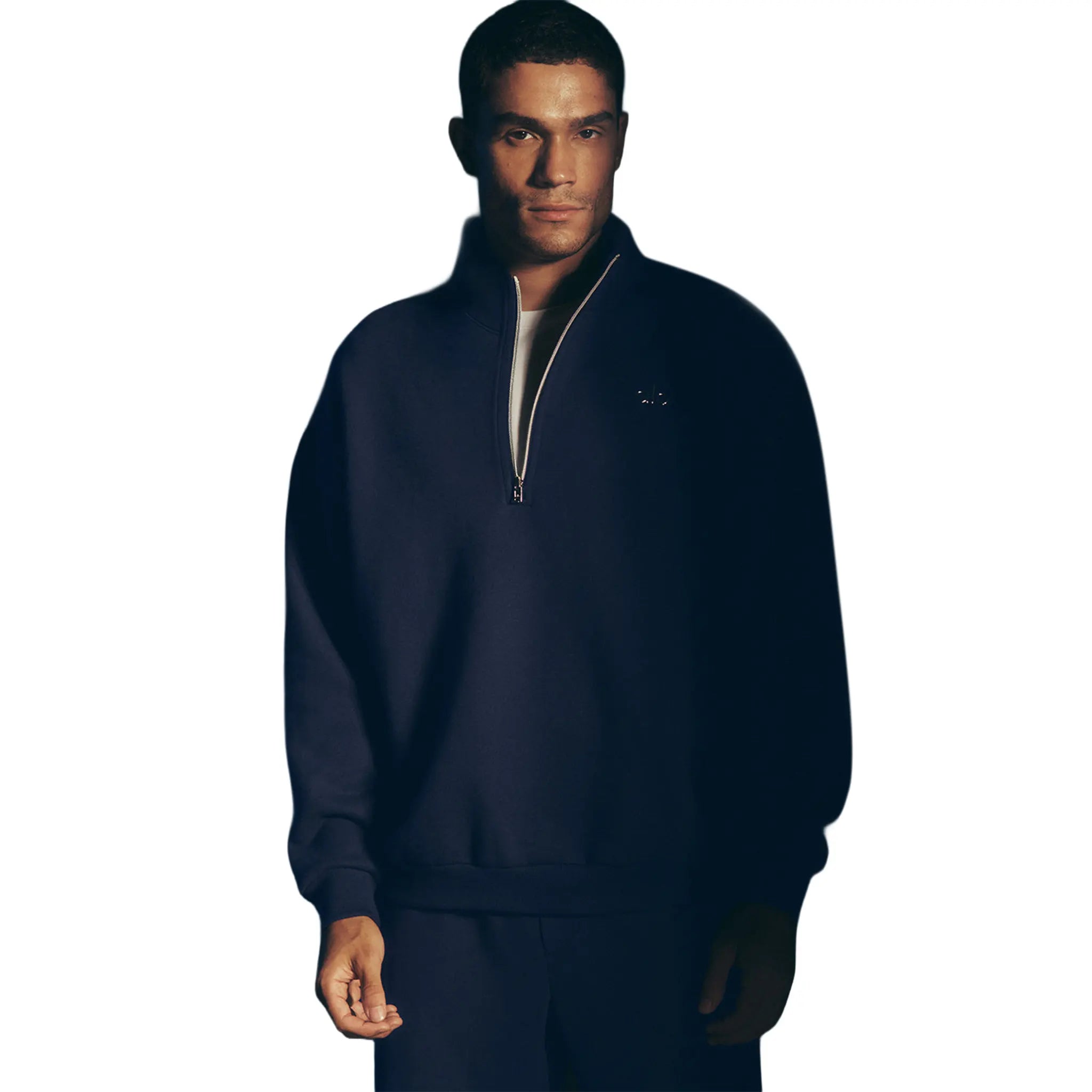 Model Front View of Alo Yoga Accolade 1/4 Zip Navy Sweatshirt